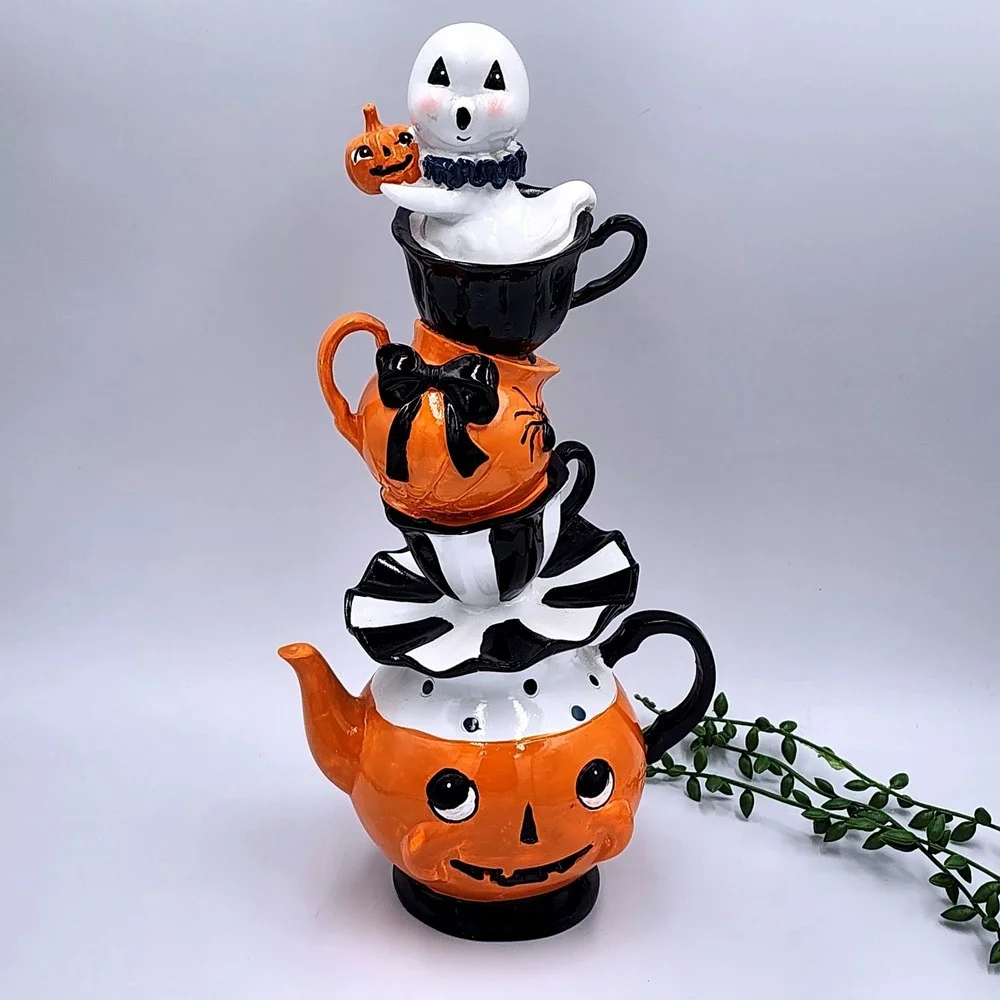 Halloween Stacked Ghost Pumpkin Teapot Teacup Figurine 12.5